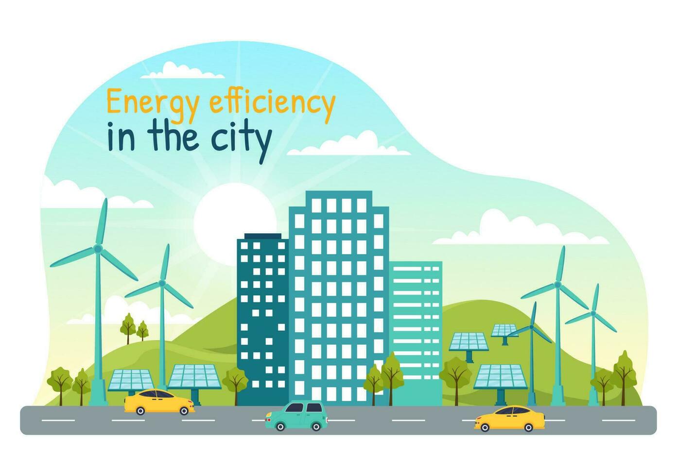 energie rendement in de stad vector illustratie met duurzame milieu voor elektriciteit gegenereerd van zon en wind in hand- getrokken Sjablonen