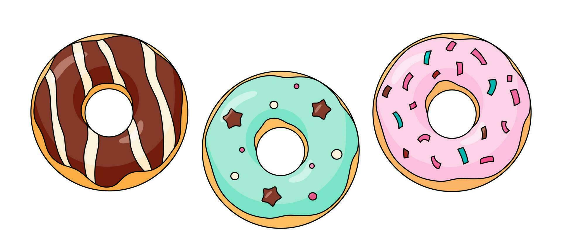 schattig donuts verzameling. chocola, roze en munt gekleurde donut set. tekenfilm vlak vector illustratie geïsoleerd Aan wit achtergrond.