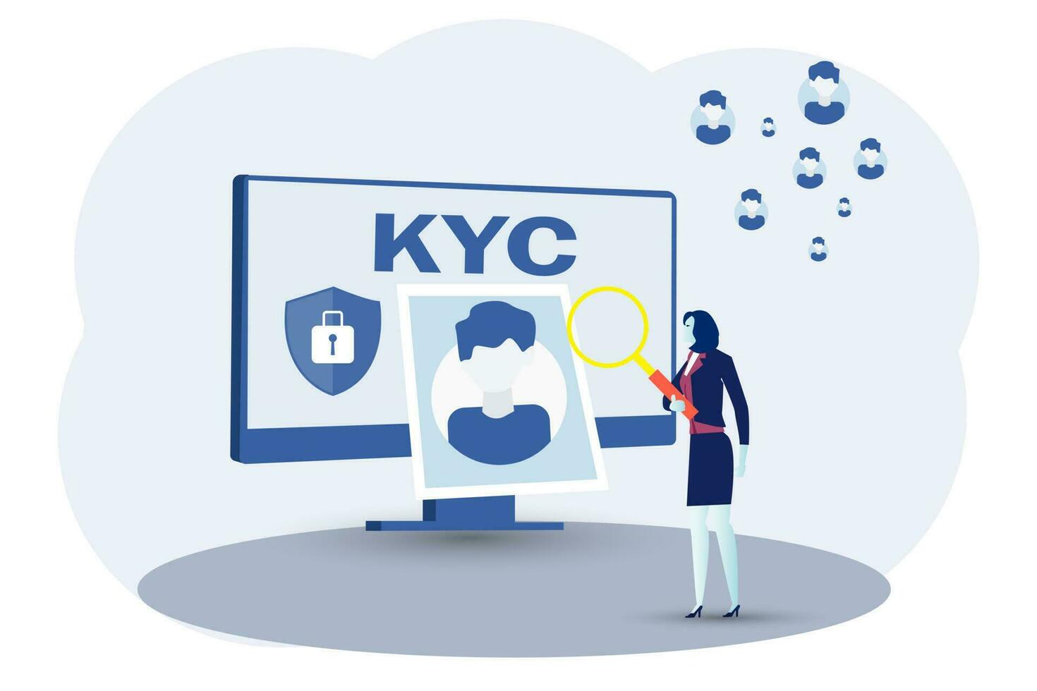 kyc of weten uw klant met bedrijf Dames verifiëren de identiteit van haar klanten concept Bij de toekomstige partners door een vergroten glas vector illustrator.