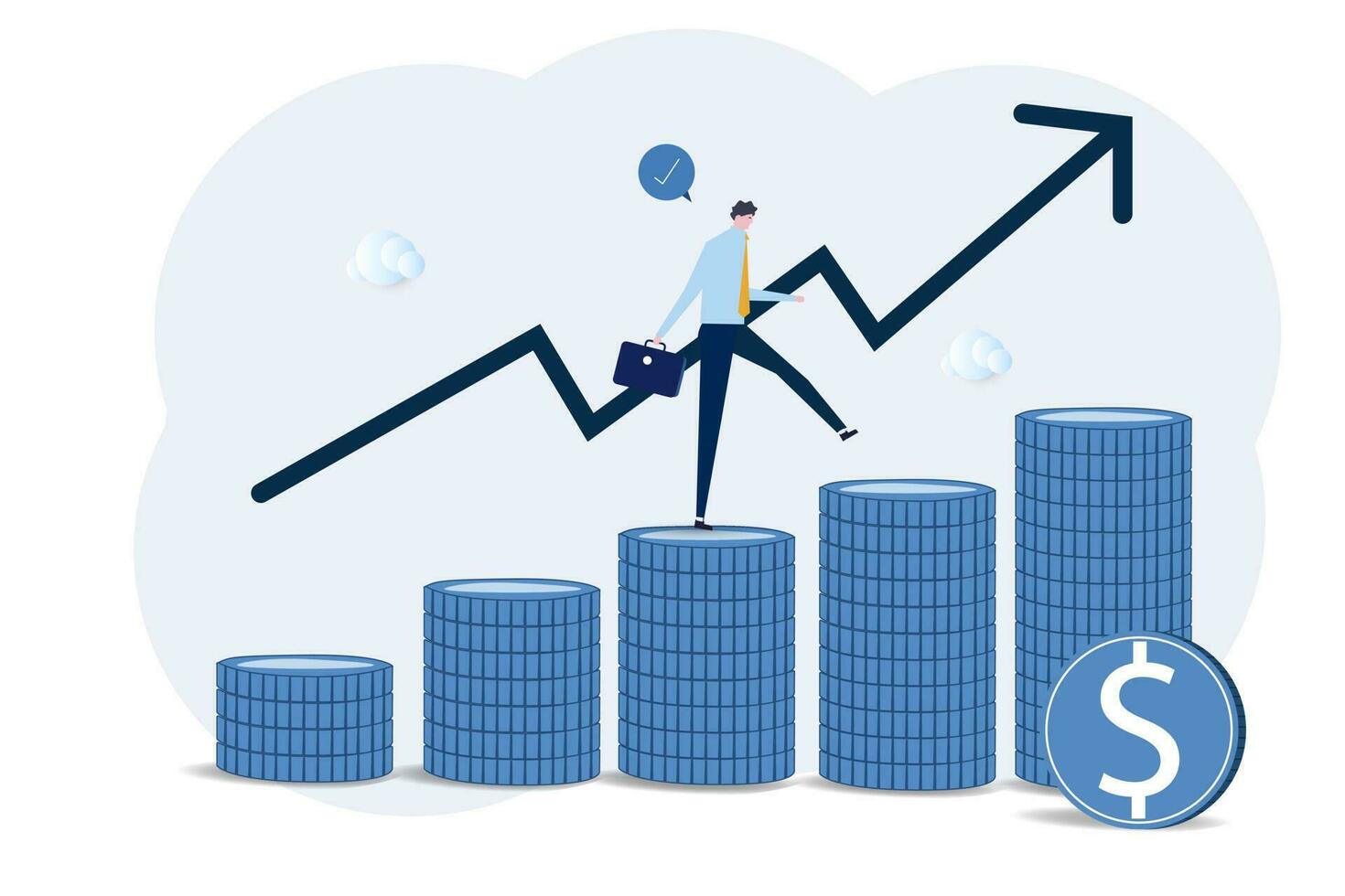 zakenman springen hoog Aan geld munt stack met groei grafiek.succes investeren, groeit rijkdom of wezen rijk van pensioen of wederzijds fonds, voorraad markt opbrengst, geld of financieel succes concept. vector