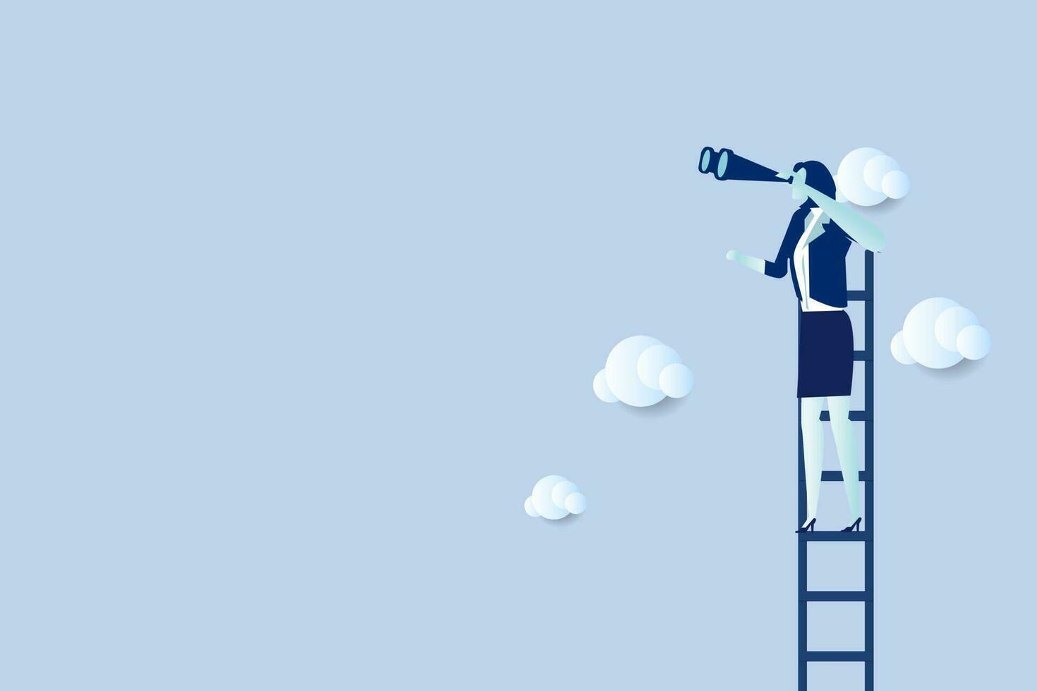 bedrijf vrouw op zoek in kijker staand Aan een ladder hoog in de wolken. concept van zoeken, visie, voorspelling, toekomst.vector illustratie. bedrijf vrouw met strategisch denken. vector