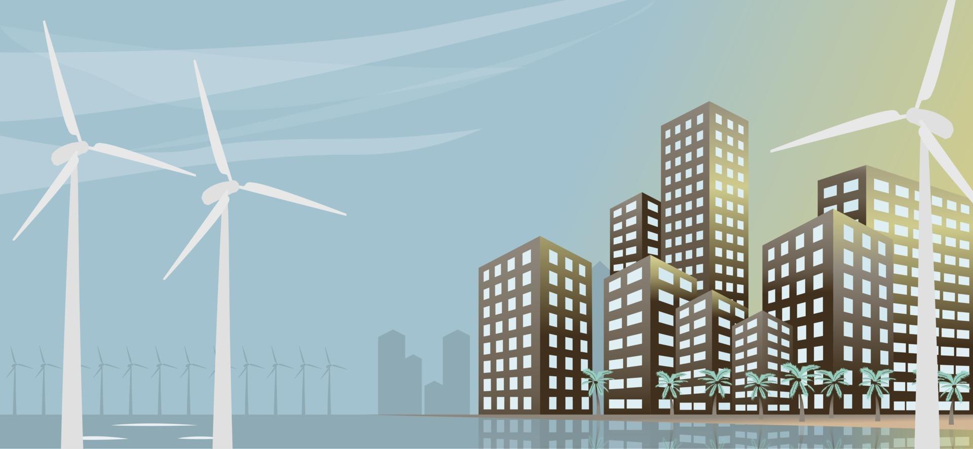 eco stedelijk stadslandschap met windmolensgebouwen en banner van de het concepten vectorillustratie van palmen vector
