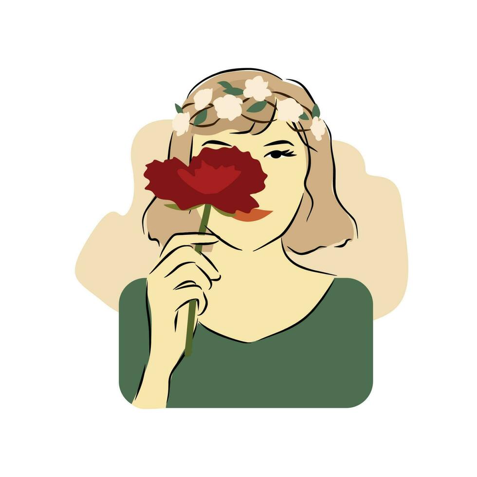 portret van een vrouw Holding een bloem vector