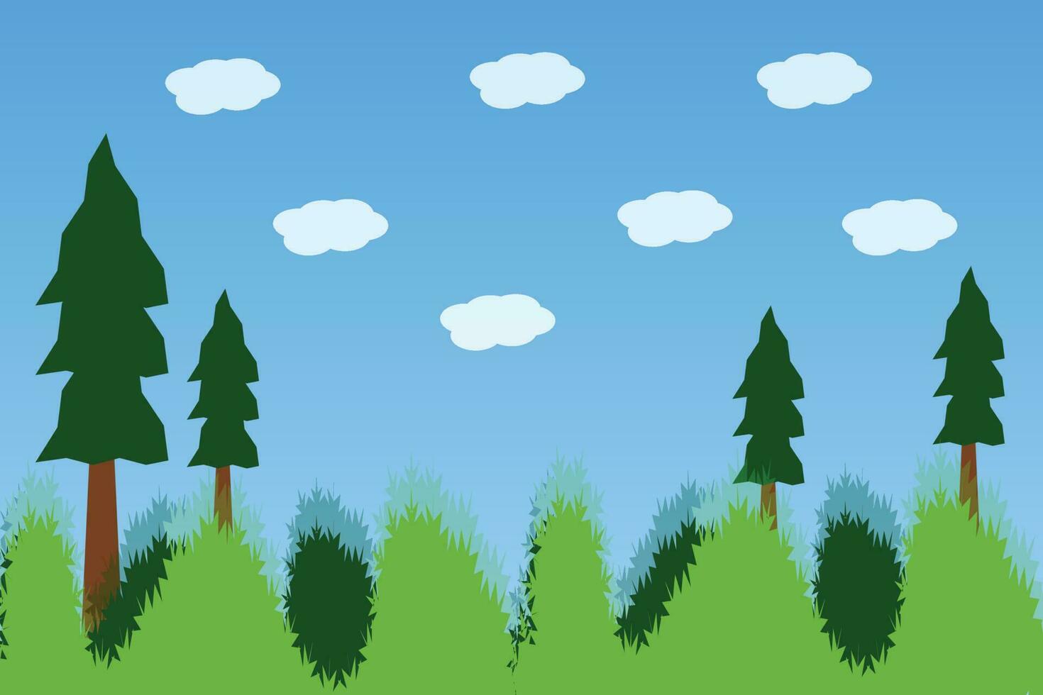 een tekenfilm van een Woud met een blauw lucht en twee pijnboom bomen. vector
