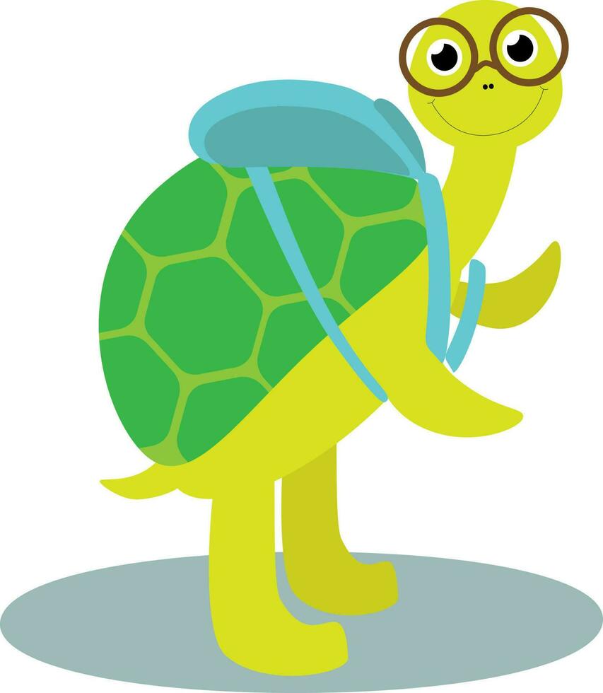 vector illustratie van schildpad karakter in bril met rugzak in tekenfilm stijl