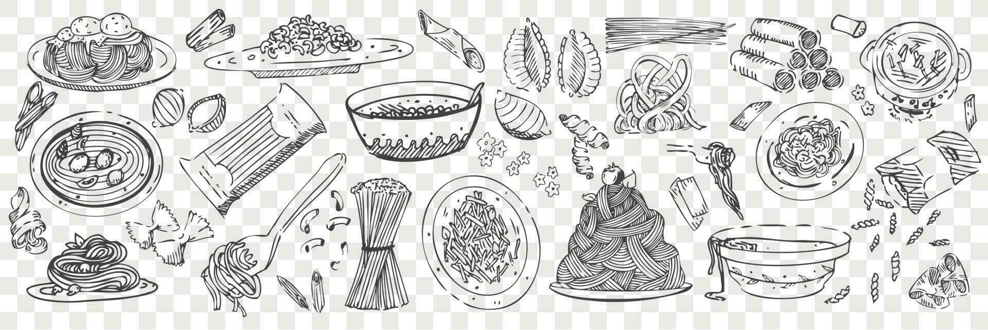 hand- getrokken pasta doodles reeks vector