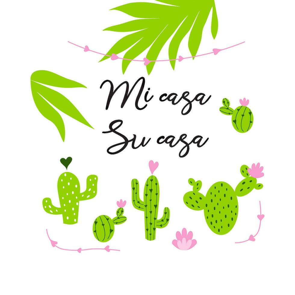 mijn huis - uw huis banier stekelig cactus met bloem en inspirerend citaat geïsoleerd Aan wit schattig hand- getrokken groet kaarten poster logo teken afdrukken etiket symbool vector illustratie tekst in Spaans