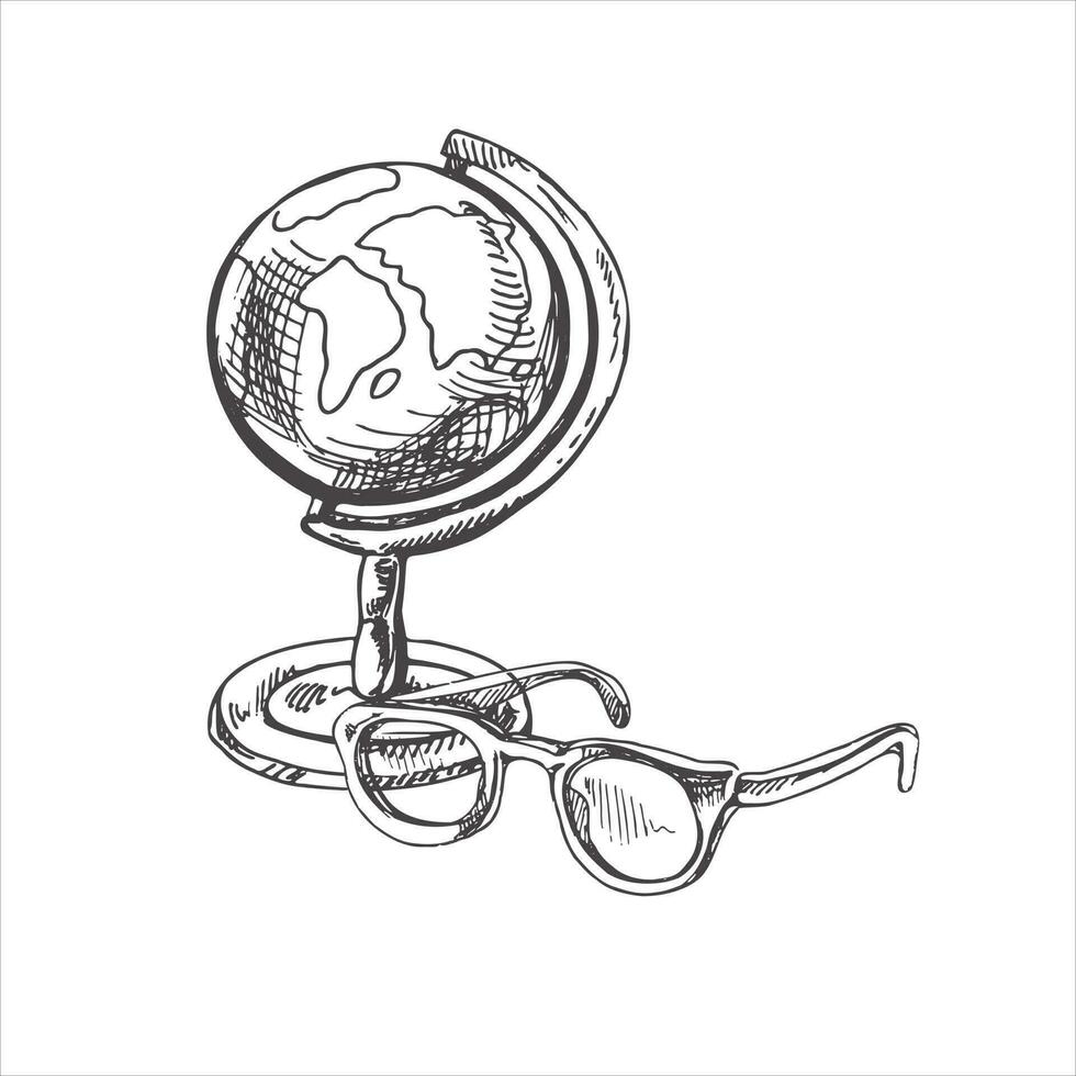 hand- getrokken schetsen van wijnoogst wereldbol en bril. wijnoogst vector illustratie geïsoleerd Aan wit achtergrond. tekening tekening.