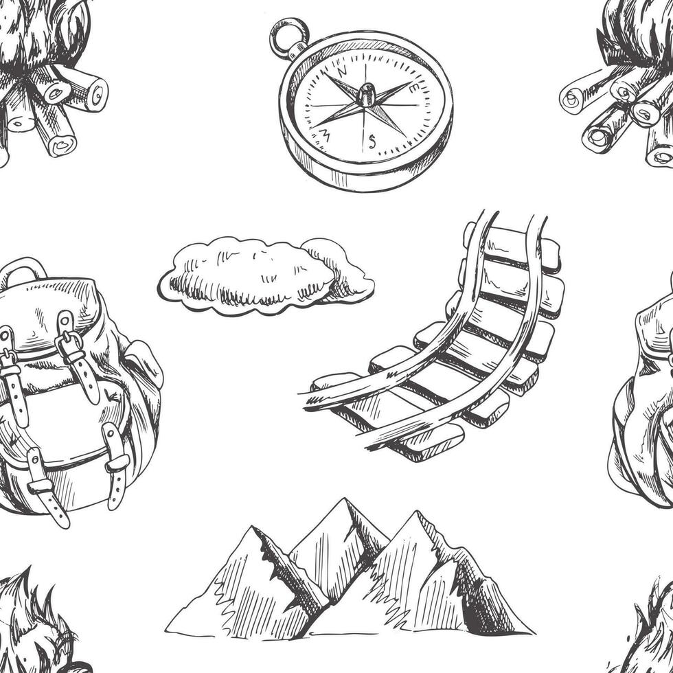 hand- getrokken schetsen naadloos patroon van camping pictogrammen. toerisme en camping avontuur pictogrammen. bergen, kampvuur, rugzak, verrekijker, kompas, tent vector
