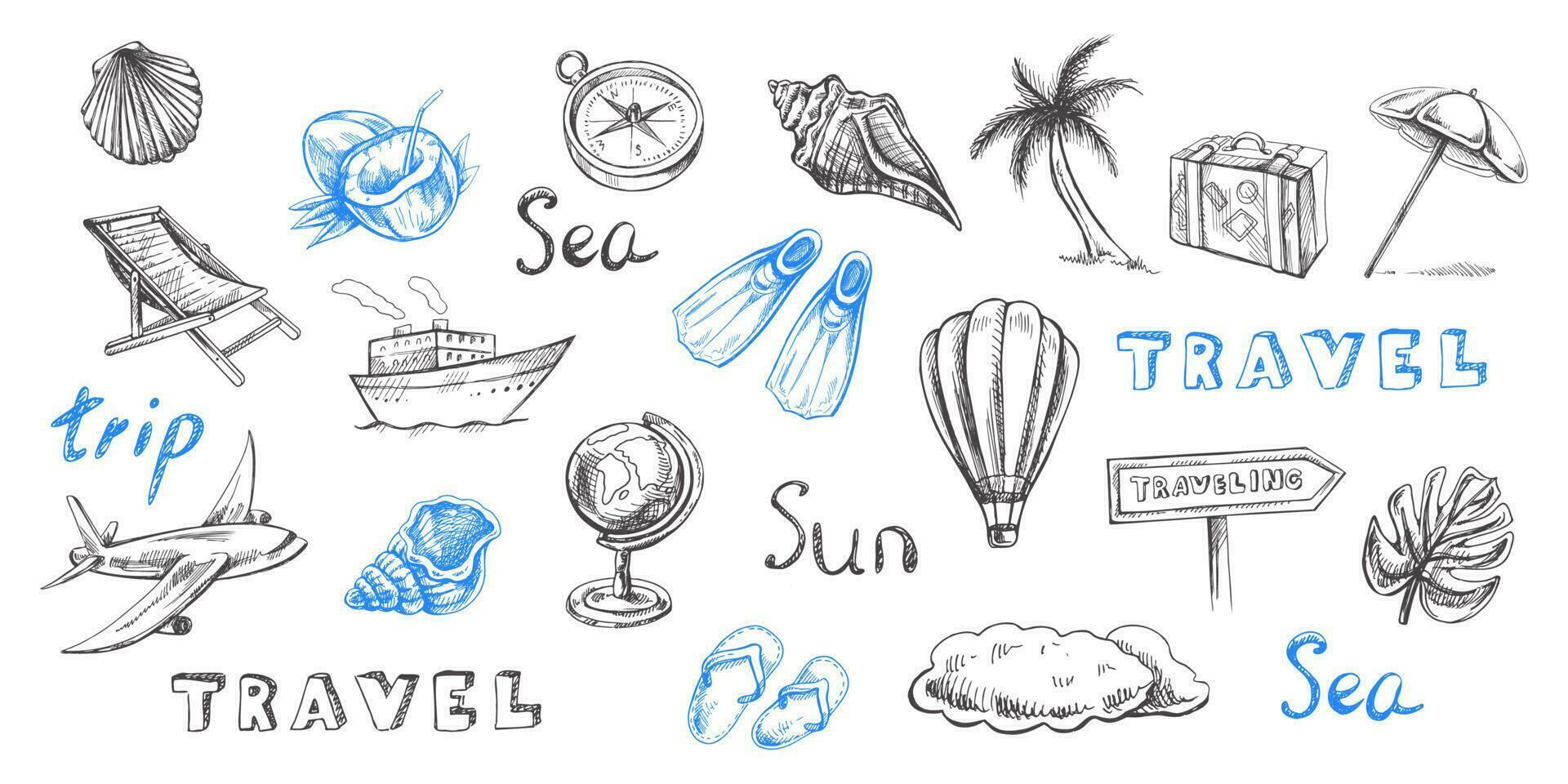 hand- getrokken schetsen reeks van reizen pictogrammen. zee. vervoer, palm, schelpen, bagage, strand, duiken apparatuur. vector