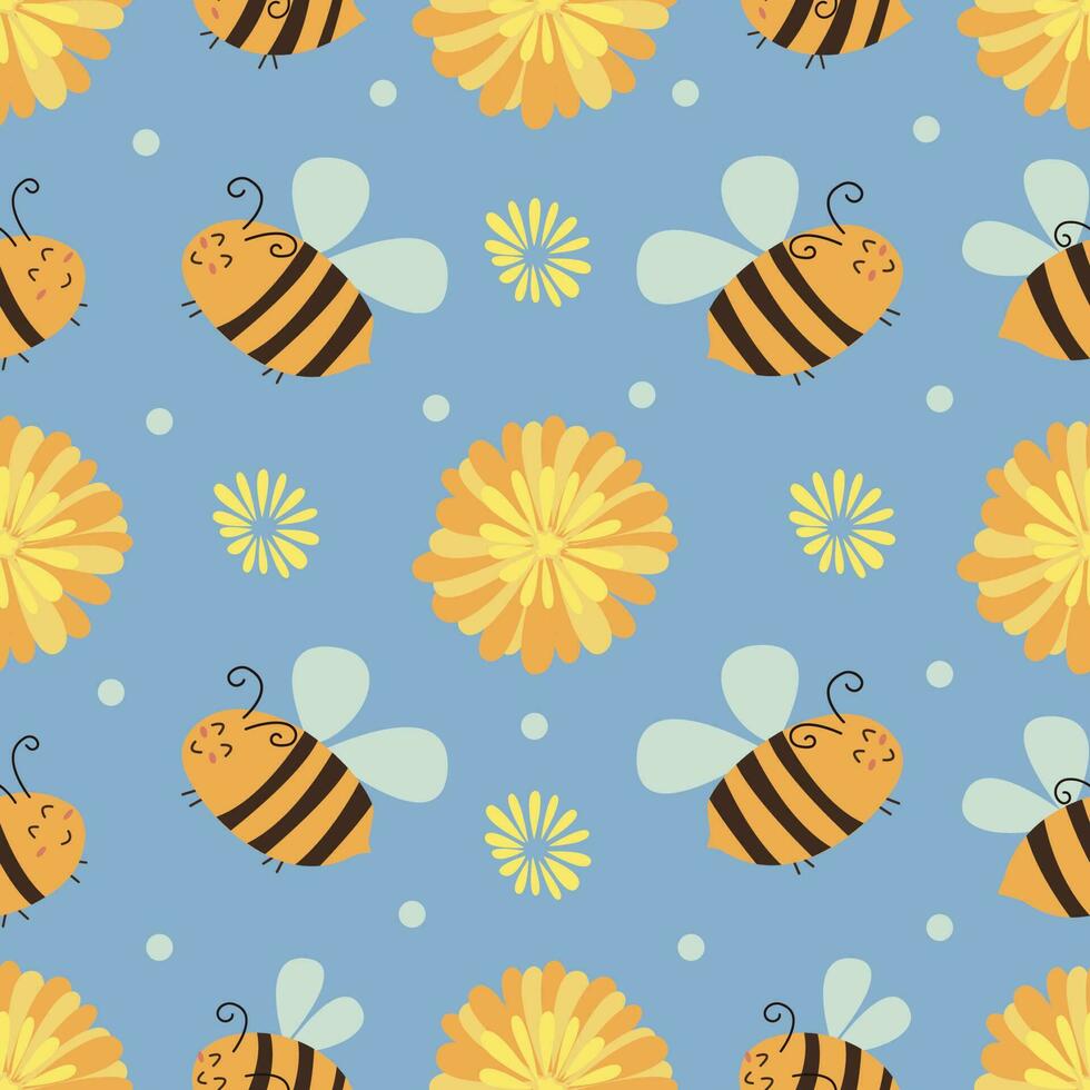 naadloos patroon met asters en bijen. vector hand- getrokken