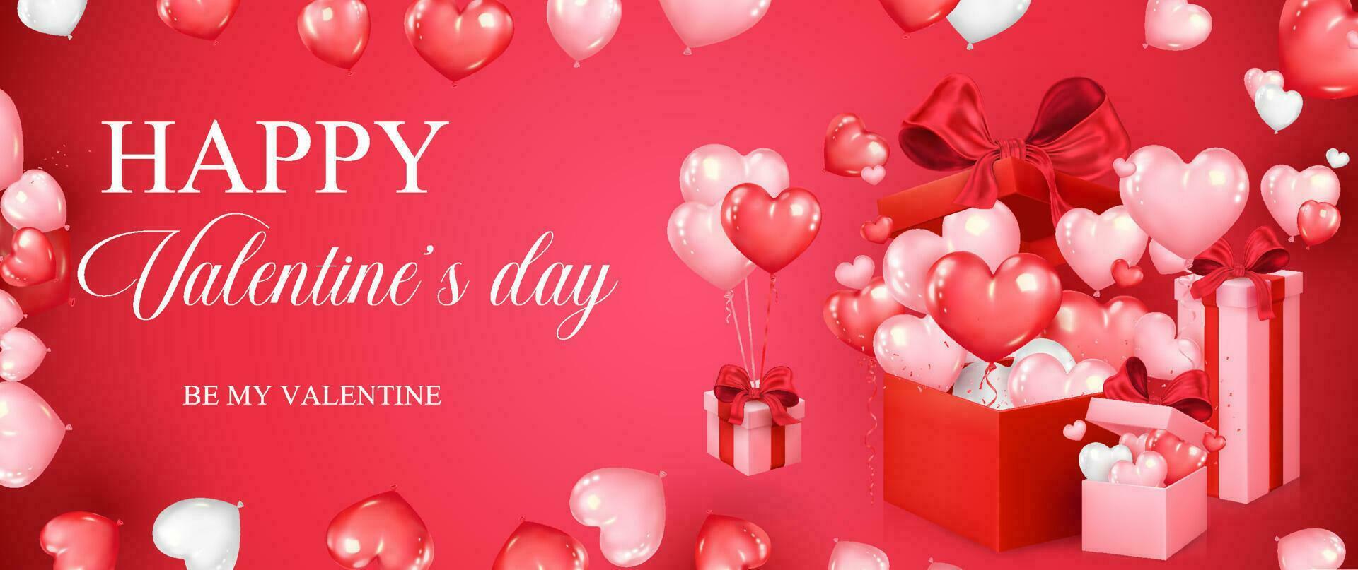 Valentijnsdag dag ontwerp. hart vormig ballonnen vlieg uit van realistisch geschenk dozen. romantisch achtergrond voor omslag, partij, groet kaart, affiches, Promotie. schattig liefde banier vector illustratie