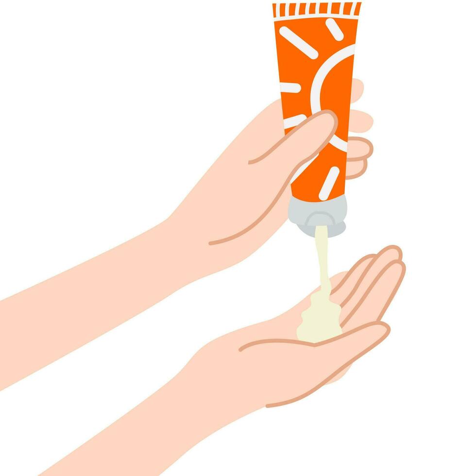 hand- Holding zonnebrandcrème.hand knijpt room Aan hand.huid zorg routine.zonnebrandcrème vochtinbrengende crème, zonnebrandcrème, huid bescherming en uv stralen blokkeren concept. vector