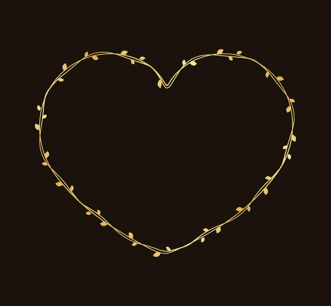 goud hart vorm kader gemaakt van Liaan bladeren. bloemen valentijnsdag dag, voorjaar zomer ontwerp element, liefde concept vector