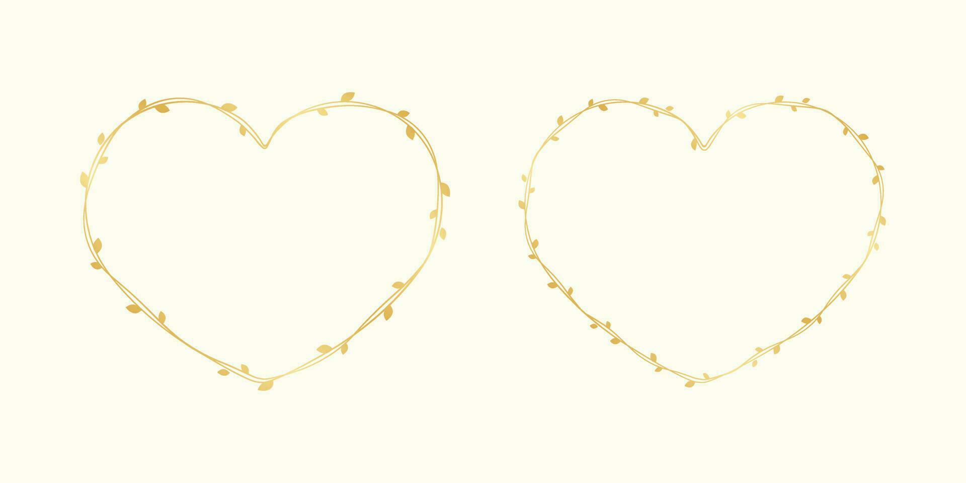 goud hart vorm kader gemaakt van Liaan bladeren set. bloemen valentijnsdag dag, voorjaar zomer ontwerp element, liefde concept vector