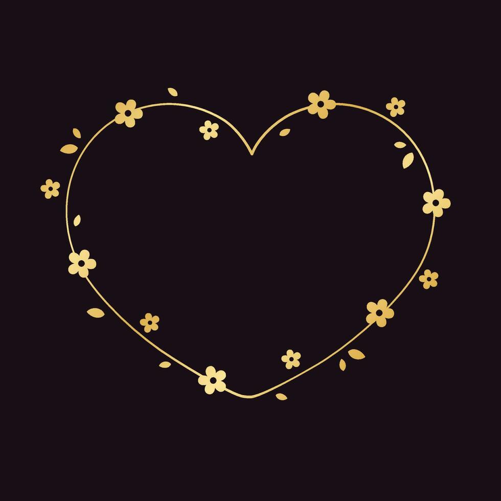 goud hart bloemen kader silhouet tekening. valentijnsdag dag, voorjaar grens sjabloon, floreren ontwerp element voor bruiloft, groet kaart. vector