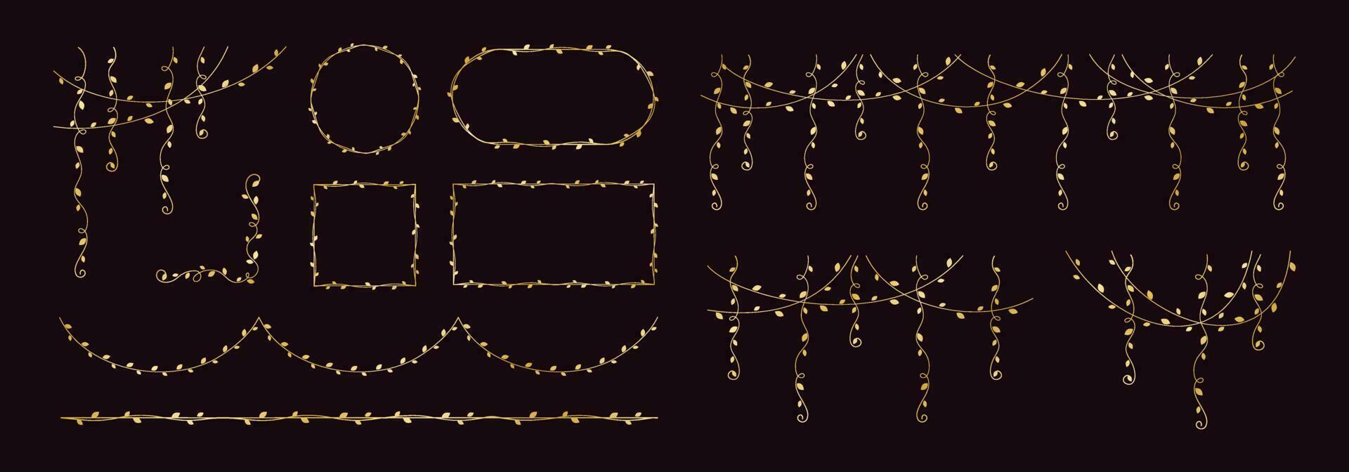 goud wijnstokken kaders en grenzen, gouden hangende Liaan gordijn ontwerp, botanisch elementen vector illustratie reeks