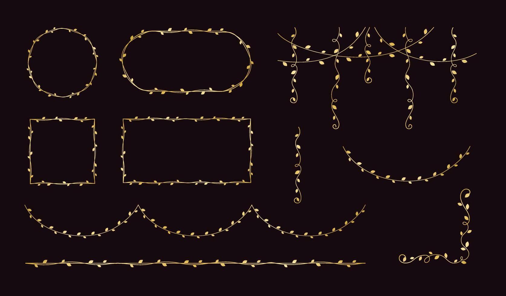 goud wijnstokken kaders en grenzen, gouden hangende Liaan gordijn ontwerp, botanisch elementen vector illustratie reeks