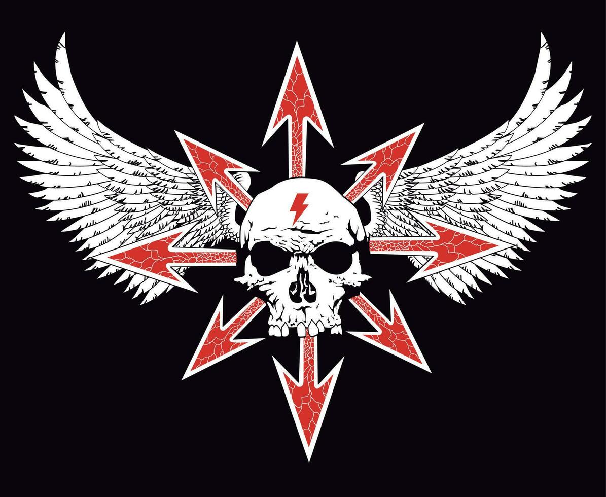 ontwerp voor t-shirt met gevleugeld schedel en rood pijlen. ideaal illustratie voor zwaar rots album Hoes vector