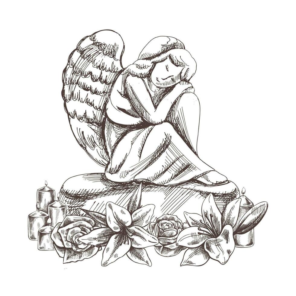 hand- getrokken verdrietig steen engel zittend met zijn hoofd Aan zijn knieën. marmeren grafsteen met kaarsen en lelies. vector tekening geïsoleerd illustratie voor begrafenis bedrijf.