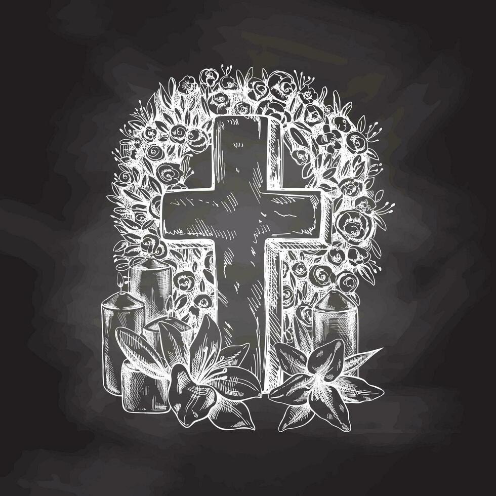 oud marmeren steen Christus kruis met een lauwerkrans, kaarsen en lelies. vector hand- getrokken geïsoleerd illustratie Aan schoolbord achtergrond.