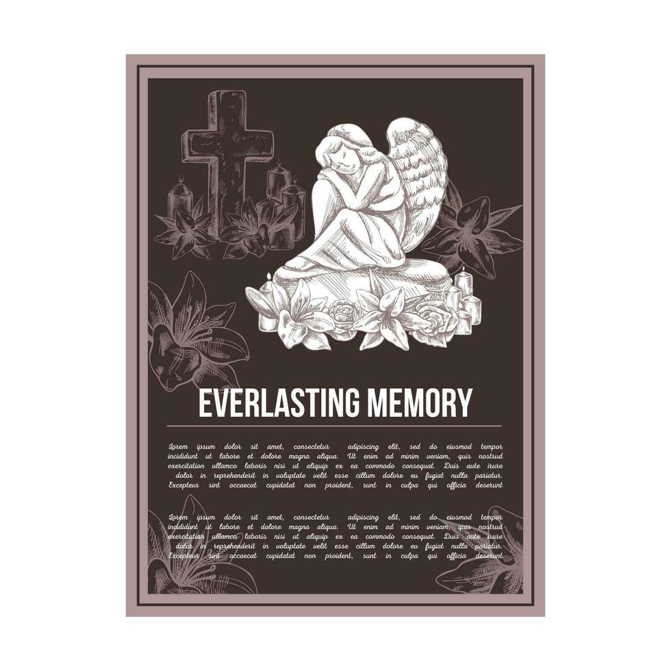 een hand getekend vector begrafenis onderhoud spandoek. schetsen illustratie voor condoleance kaart en reclame van columbarium en begraafplaats met urn voor as, wijnoogst grafsteen engel, lauwerkrans, kruis