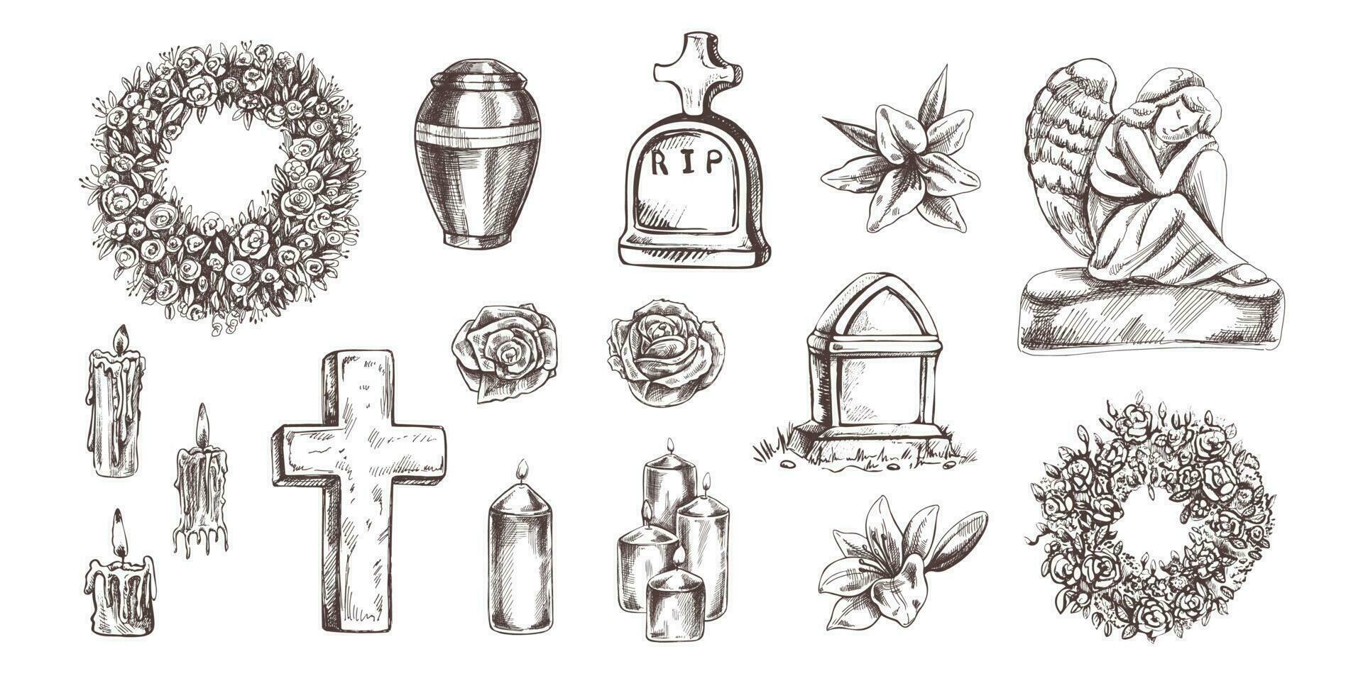 begrafenis onderhoud. vector illustratie. attributen en symbolen van condoleance, verlies, dood, sterfgeval en begraafplaats. schetsen van wijnoogst steen engel, grafsteen, urn, kruis, opstanding.