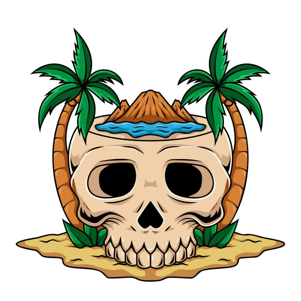 illustratie van zomer uitstraling menselijk schedel mascotte karakter met palm boom Aan de strand vector