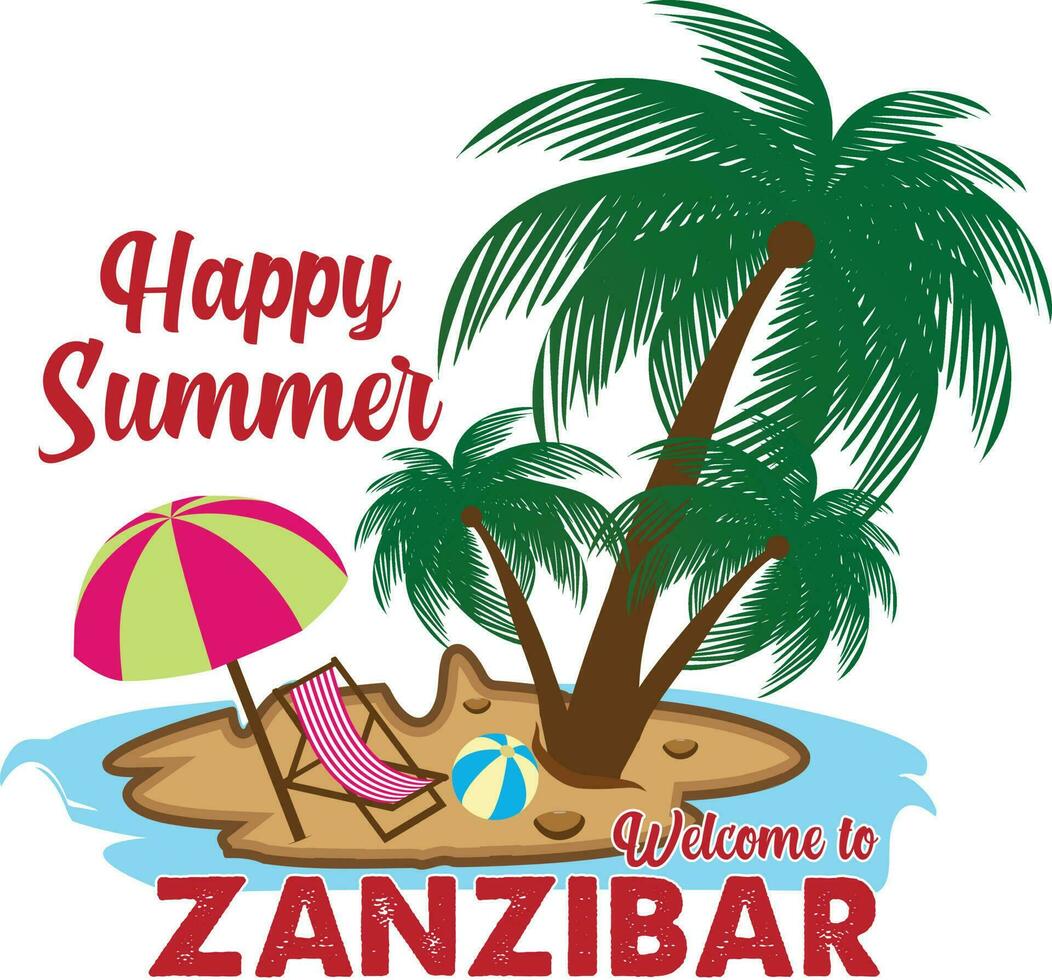 gelukkig zomer Welkom naar zanzibar strand t-shirt ontwerp vector