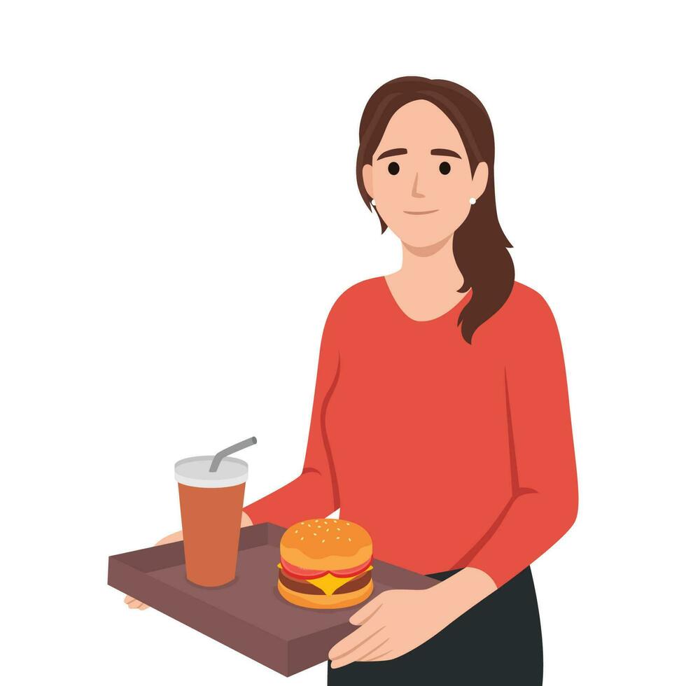 gezond aan het eten en dik eetpatroon concept. jong glimlachen vrouw tekenfilm karakter staand Holding dienblad met hamburger en limonade drinken ongezond aan het eten vector
