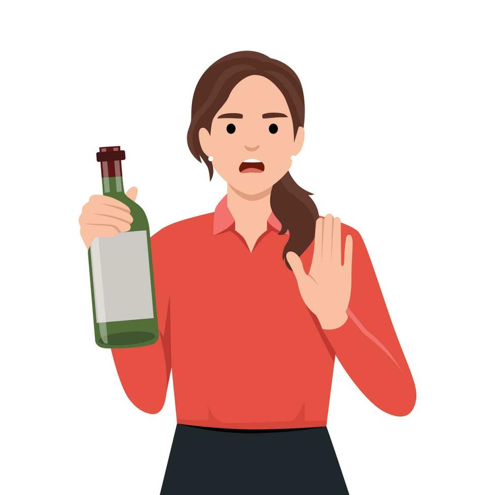 gezond levensstijl en vermijden alcohol concept. jong vrouw staand gezegde Nee naar alcohol weigeren van glas van wijn met verheven hand- vector