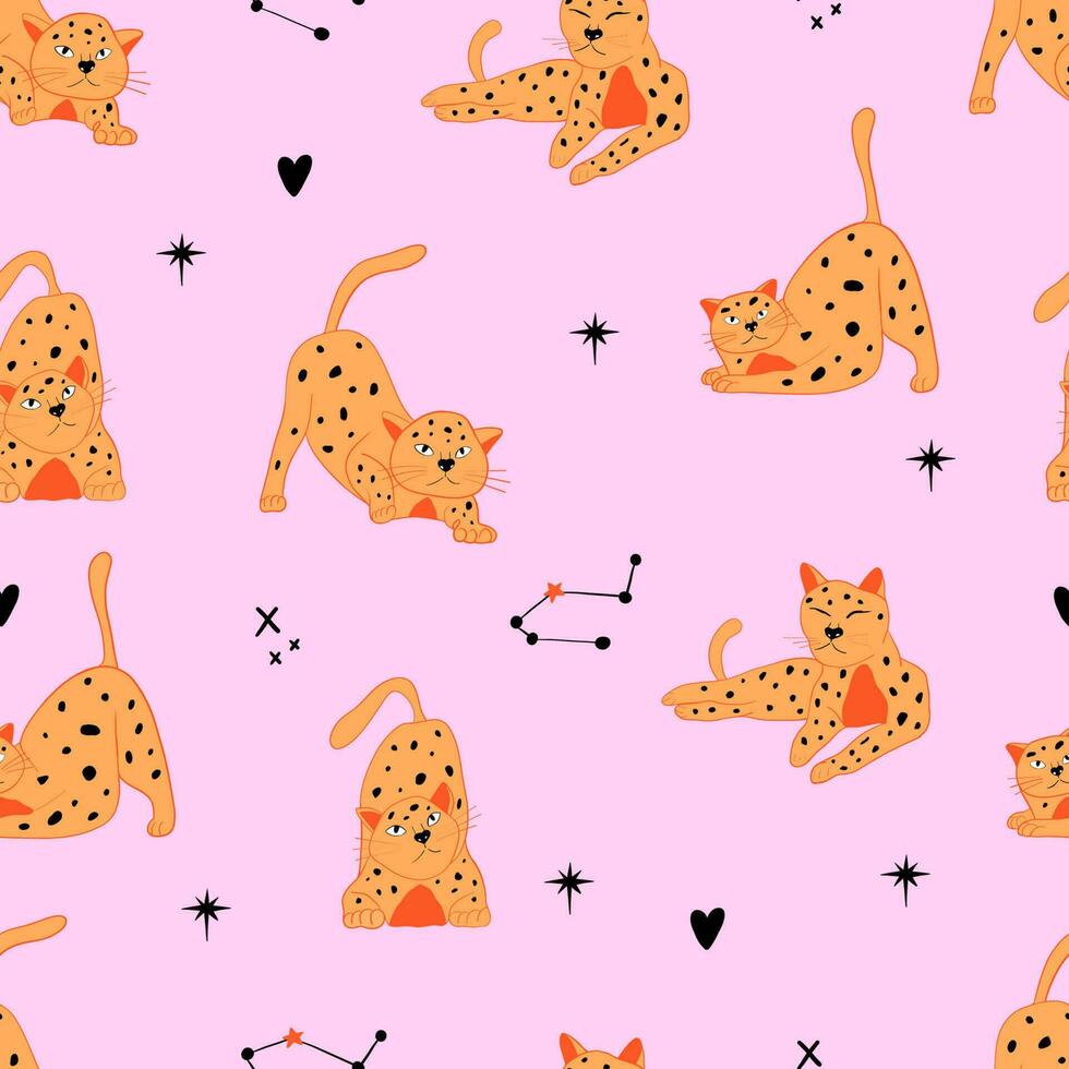 naadloos patroon met katten. oranje kat in verschillend houding. astrologie motieven. schattig vector illustratie Aan roze achtergrond