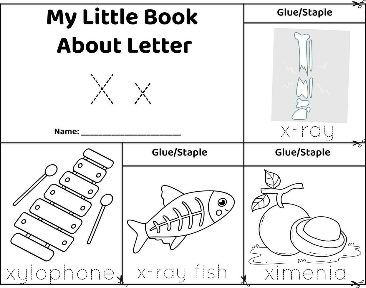 logisch afdrukbare werkblad alfabet begin geluiden omdraaien boek in zwart en witte.letter x, röntgenfoto, röntgenstraal vis, xylofoon, ximenia vector