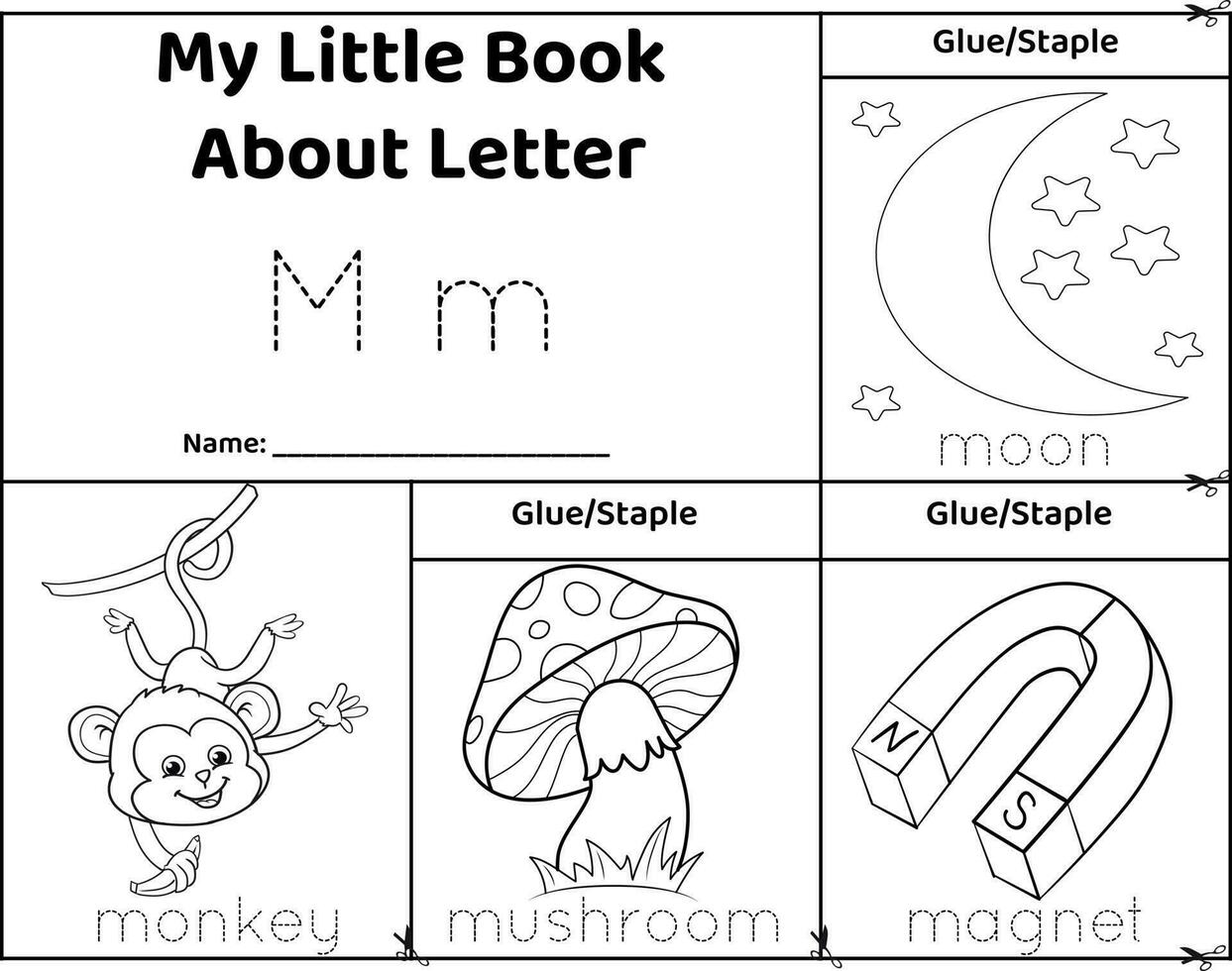 logisch afdrukbare werkblad alfabet begin geluiden omdraaien boek in zwart en witte.letter m, aap, paddestoel, magneet, maan vector