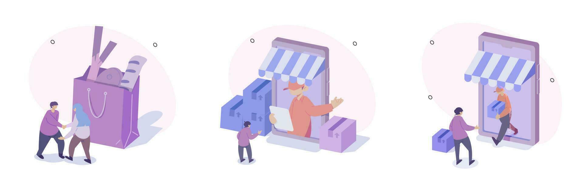 kruidenier voedsel illustratie set. karakter buying online vers biologisch groenten en andere boodschappen, betalen voor een bestellen en ontvangen levering. online supermarkt concept. vector illustratie.