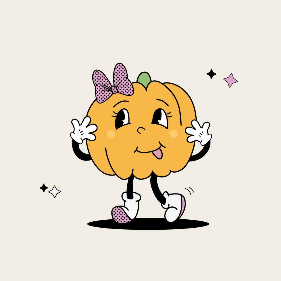 schattig tekenfilm pompoen meisje karakter, schattig halloween mascotte, grappig groovy groente, vector illustratie