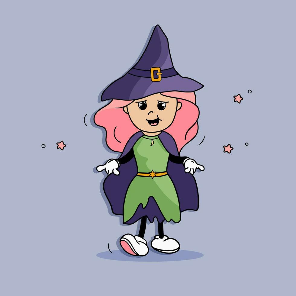 aanbiddelijk weinig heks met roze haar, schattig halloween mascotte, groovy meisje karakter vector