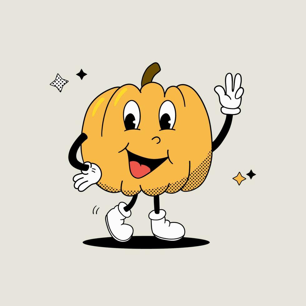 gelukkig schattig tekenfilm pompoen karakter, groovy pompoen retro stijl, grappig halloween oud tekenfilm mascotte, vector illustratie