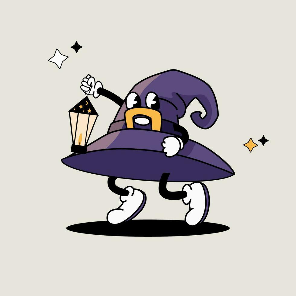 grappig halloween hoed karakter met zaklamp in wijnoogst stijl, spookachtig hoed mascotte met lamp vector