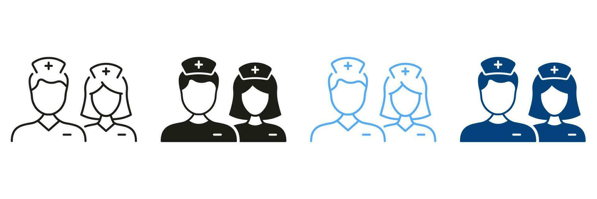 ziekenhuis personeel, arts, intern, dokter, verpleegster pictogram. algemeen beoefenaars dokter symbool verzameling. medisch specialist Mens en vrouw lijn en silhouet icoon set. geïsoleerd vector illustratie.