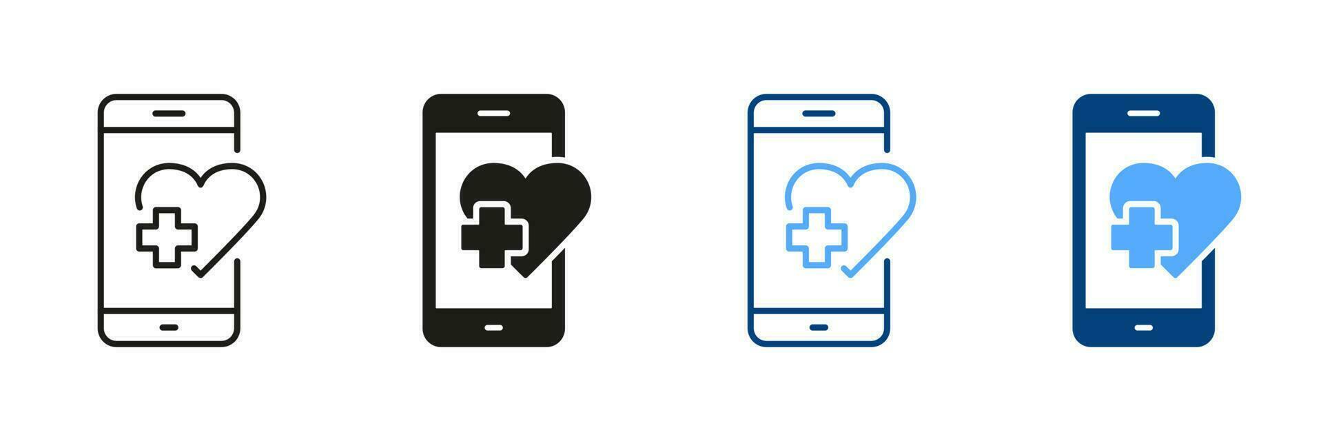 overleg in mobiele telefoon, geneeskunde steun teken verzameling. mobiel telefoon telefoontje naar ambulance pictogram. noodgeval medisch helpen in smartphone lijn en silhouet icoon set. geïsoleerd vector illustratie.