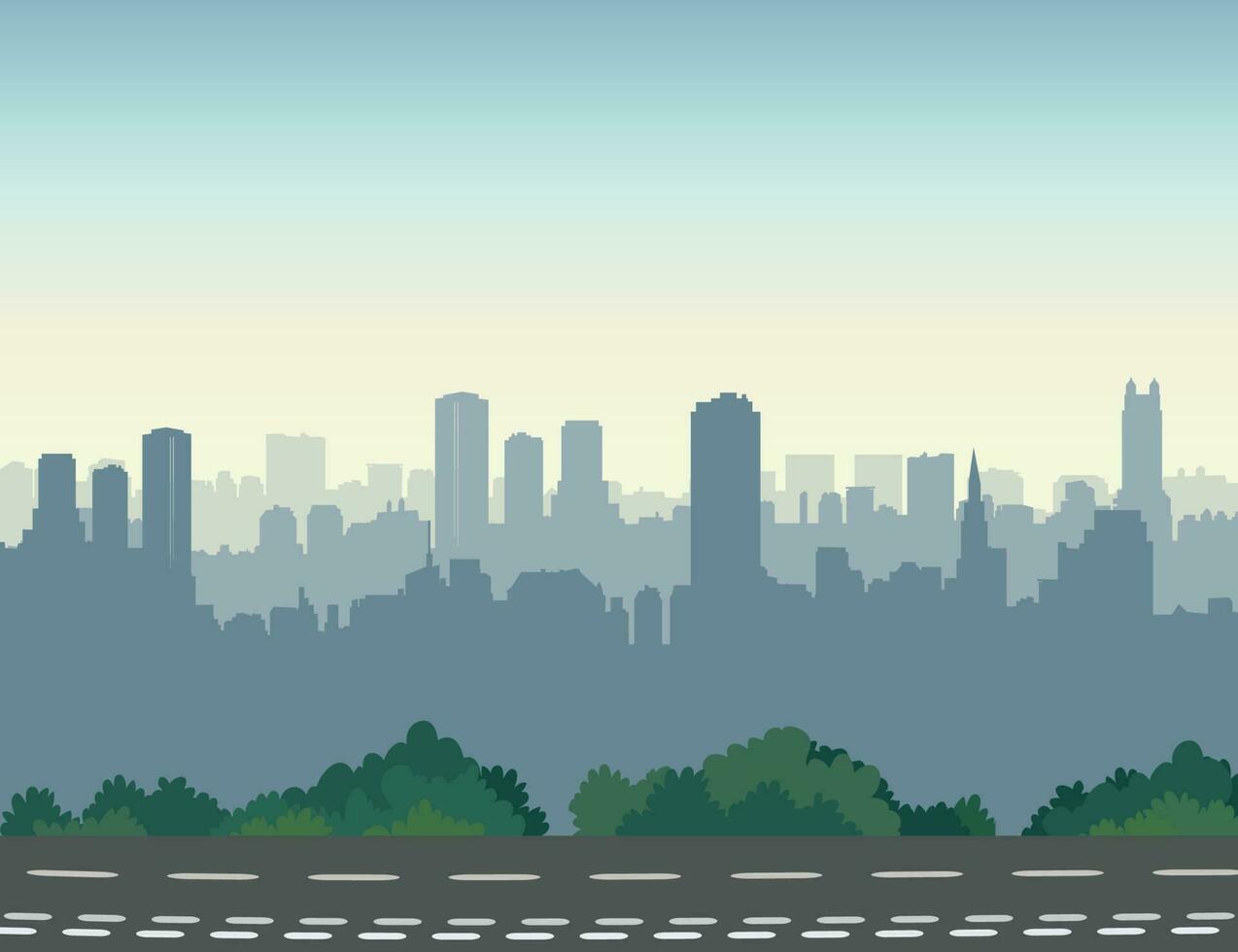 stad snelweg weg horizon. stedelijk landschap met weg en wolkenkrabbers visie. stadsgezicht silhouet vector