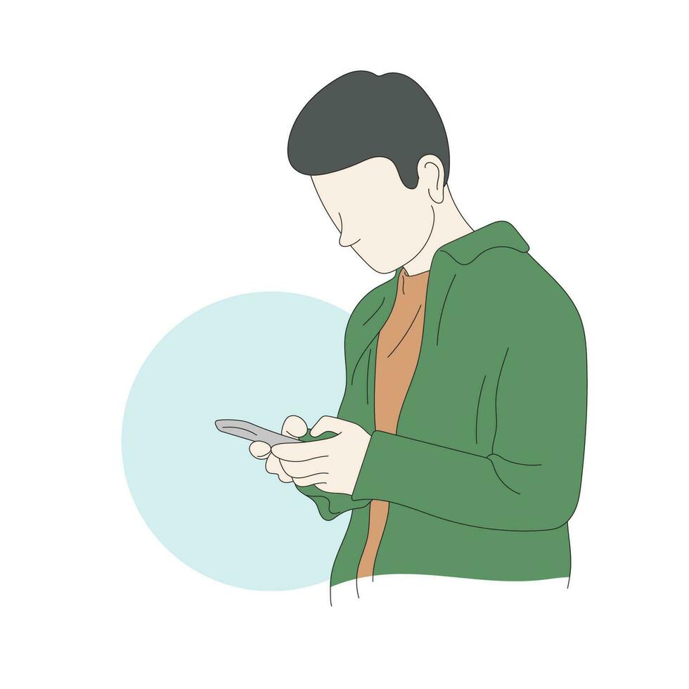 lijn kunst Mens met groen overhemd gebruik makend van smartphone illustratie vector hand- getrokken geïsoleerd Aan wit achtergrond