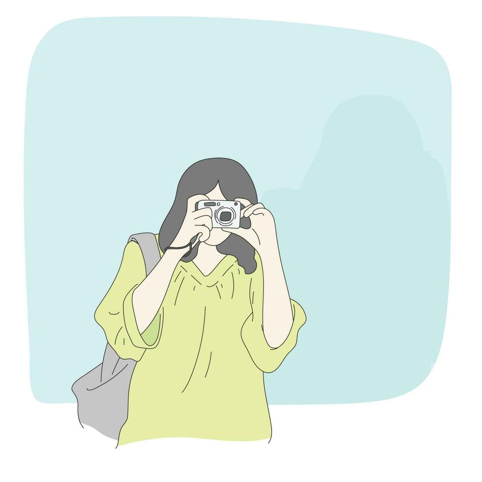 lijn kunst voor de helft lengte van vrouw nemen foto met haar compact camera geïsoleerd Aan blauw achtergrond illustratie vector hand- getrokken