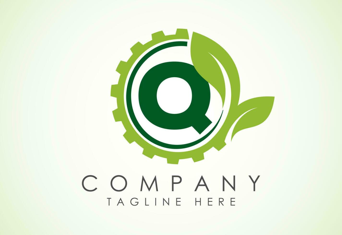 Engels alfabet q met uitrusting en blad. eco technologie logo, groen eco tech logo sjabloon ontwerp vector. natuur industrie vector