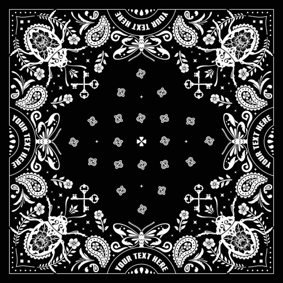 bandana paisley, zakdoek ontwerp sjabloon met kever en vlinder vector achtergrond