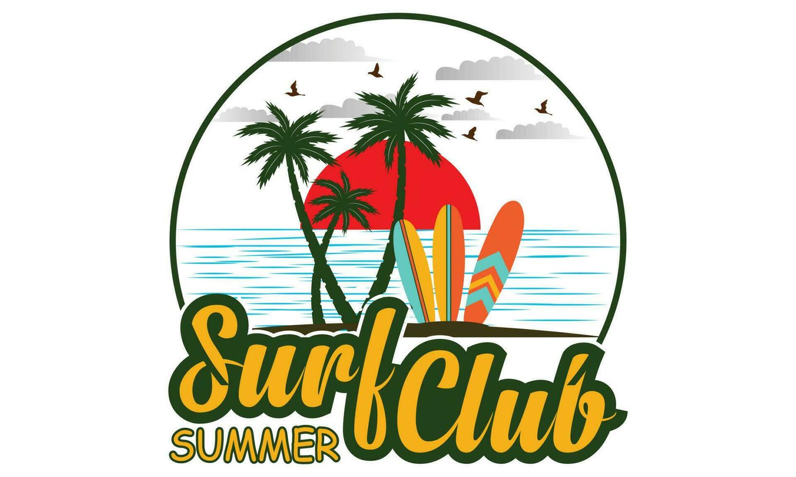 zomer surfing t-shirt sjabloon voor surfen club. wijnoogst embleem in retro stijl. surfplanken, golven en hand- getrokken belettering shirt, strand, surfen, surfen, tijd voor surfing vector