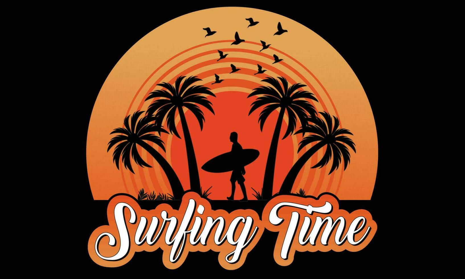 surfing tijd t-shirt ontwerp vector illustratie. wijnoogst embleem in retro stijl. surfplanken, golven en hand- getrokken belettering shirt, strand, surfen, surfen, tijd voor surfen, zon, palm boom, strand water