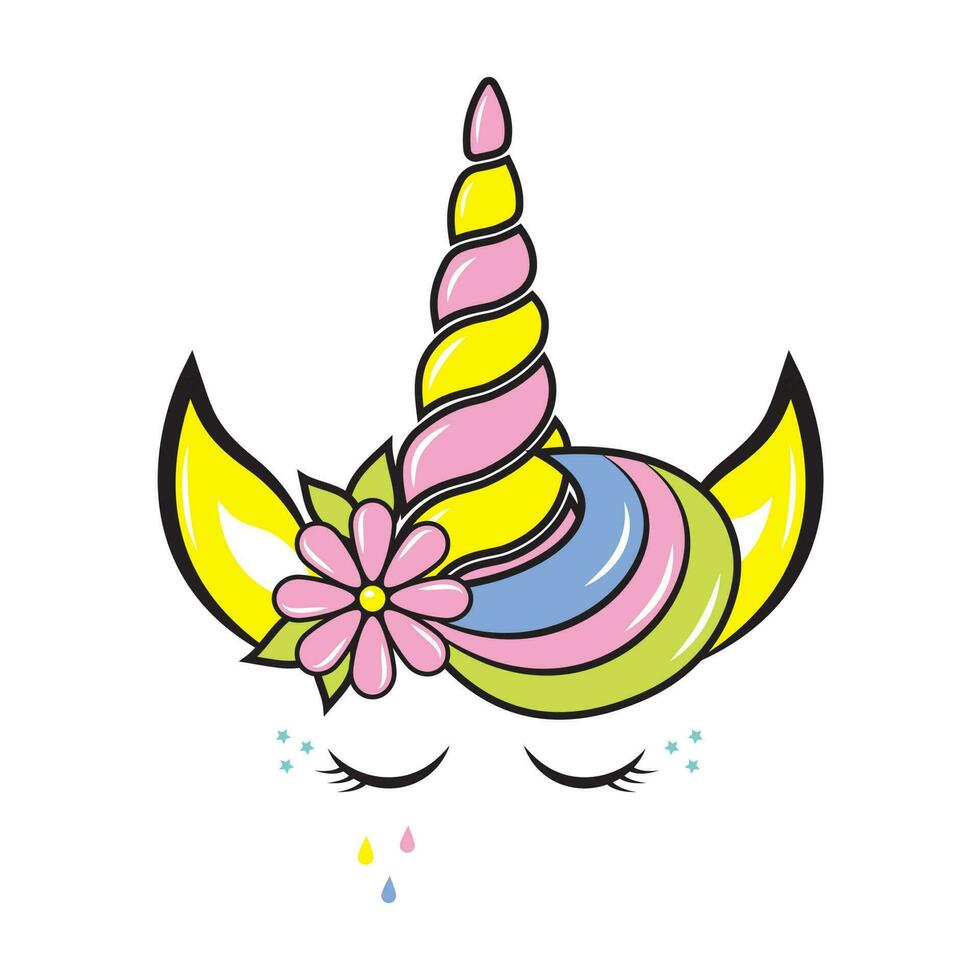 een eenhoorn met een regenboog toeter en ogen. kleur vector illustratie in tekening stijl.