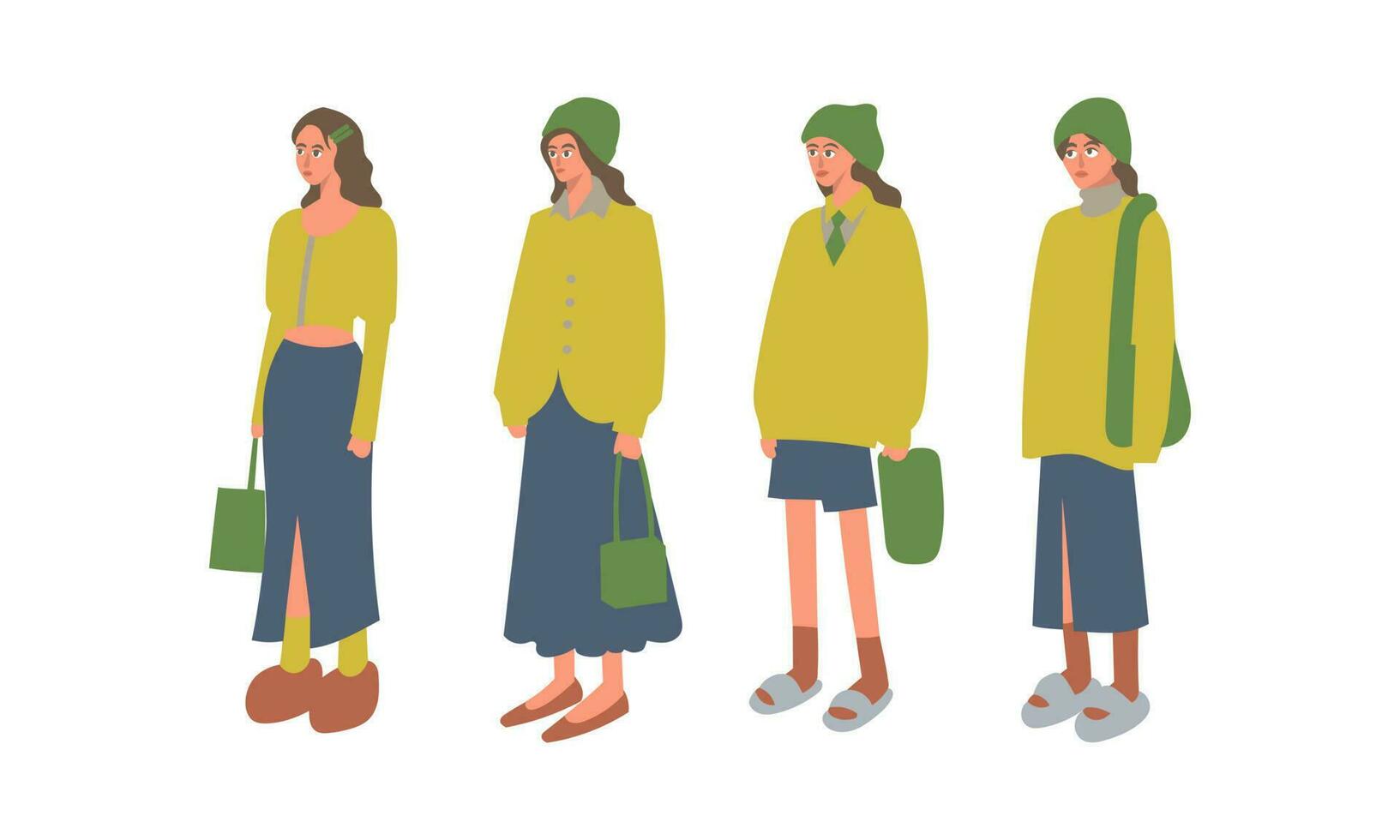 reeks van Dames in winter kleren. vector illustratie in vlak stijl.